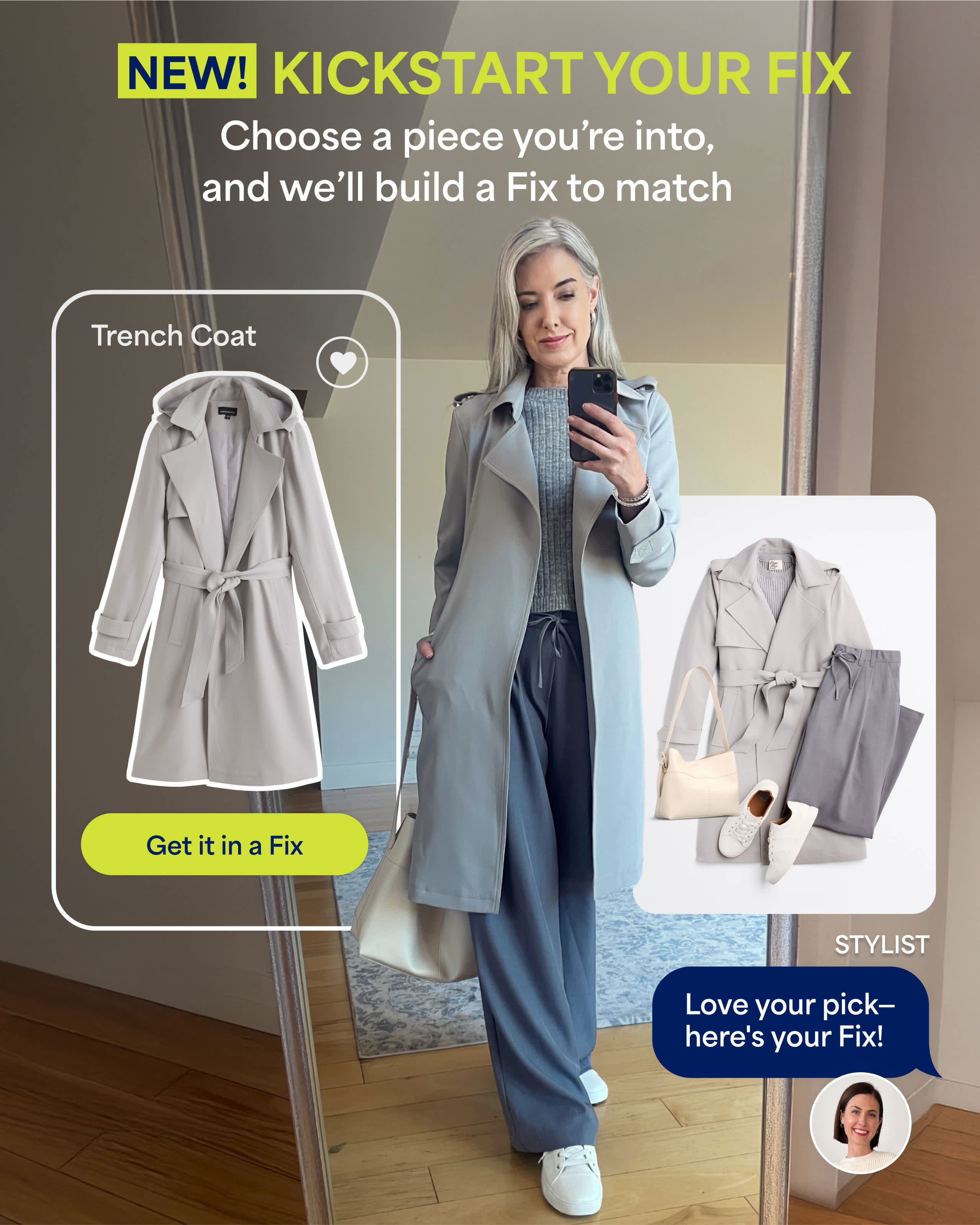 Woman wearing Stitch Fix women’s fall outfit including trench coat selected to Kickstart your Fix and complementary pants, shirt and accessories