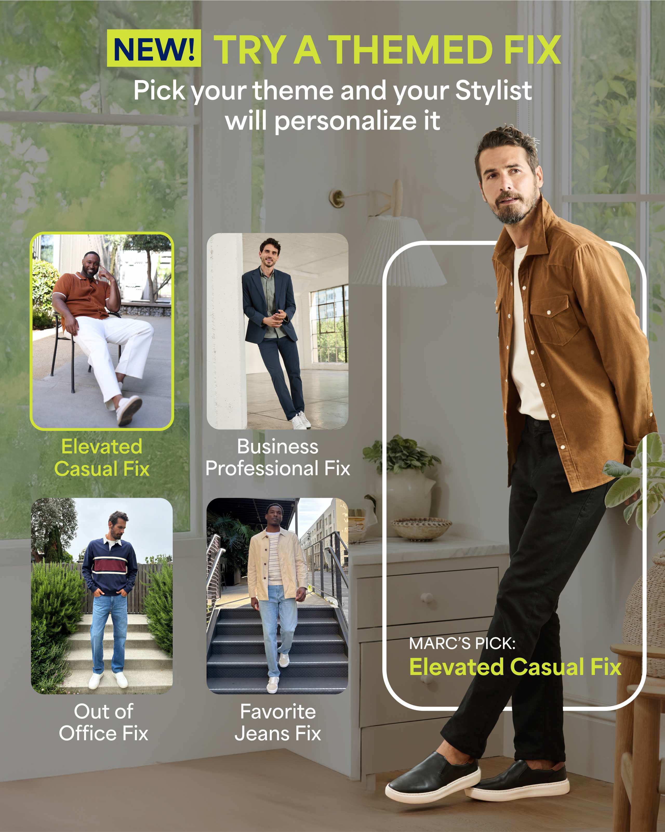 Man wearing Stitch Fix men’s fall outfit including bomber jacket, button-down shirt, jeans and sneakers. Men in other Stitch Fix themed Fix themes business, casual, out of the office, denim refresh