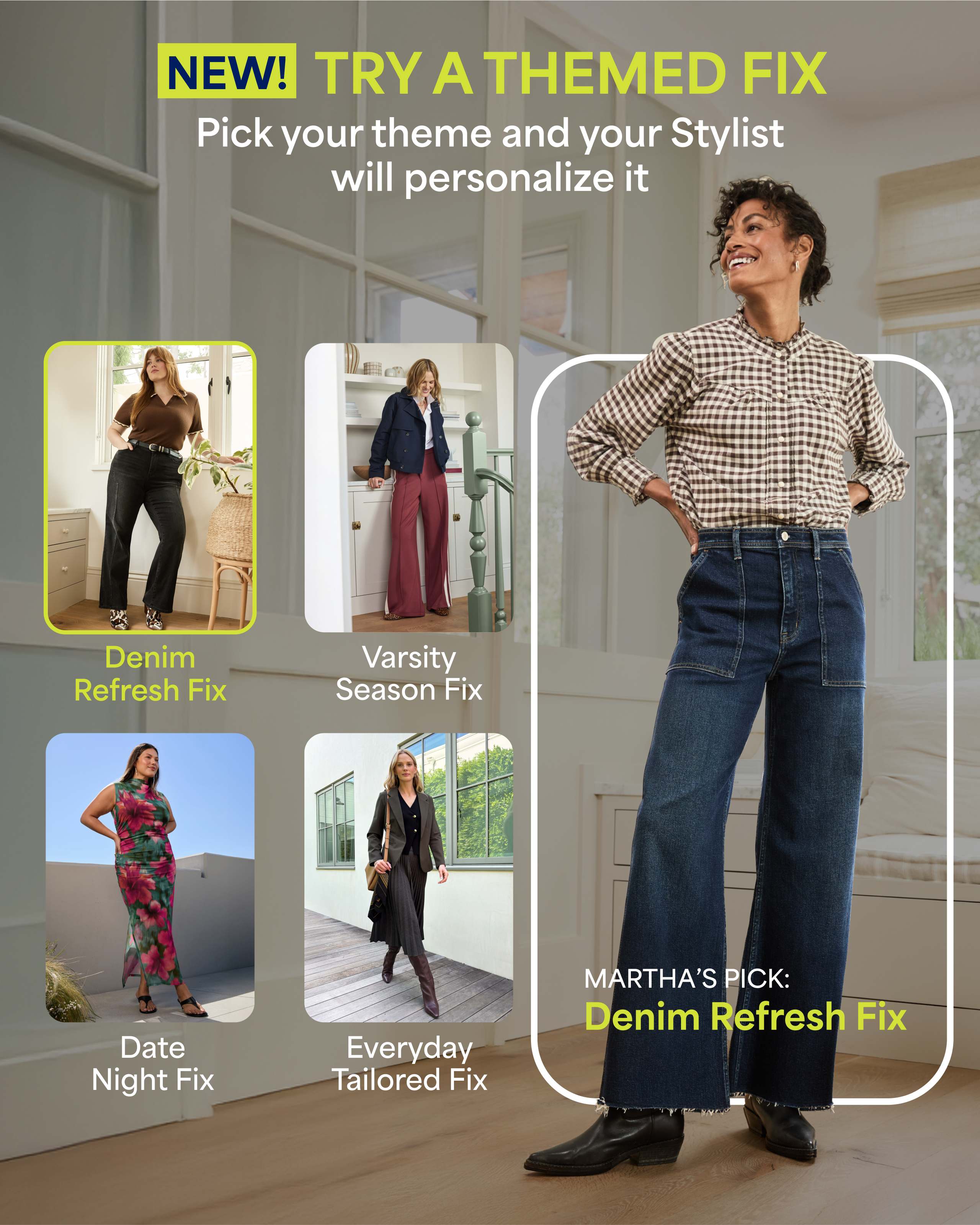 Woman wearing Stitch Fix Western themed outfit including blouse, jeans and boots. Woman featuring Stitch Fix themed Fixes Denim Refresh, Varsity Season, Date Night and workwear