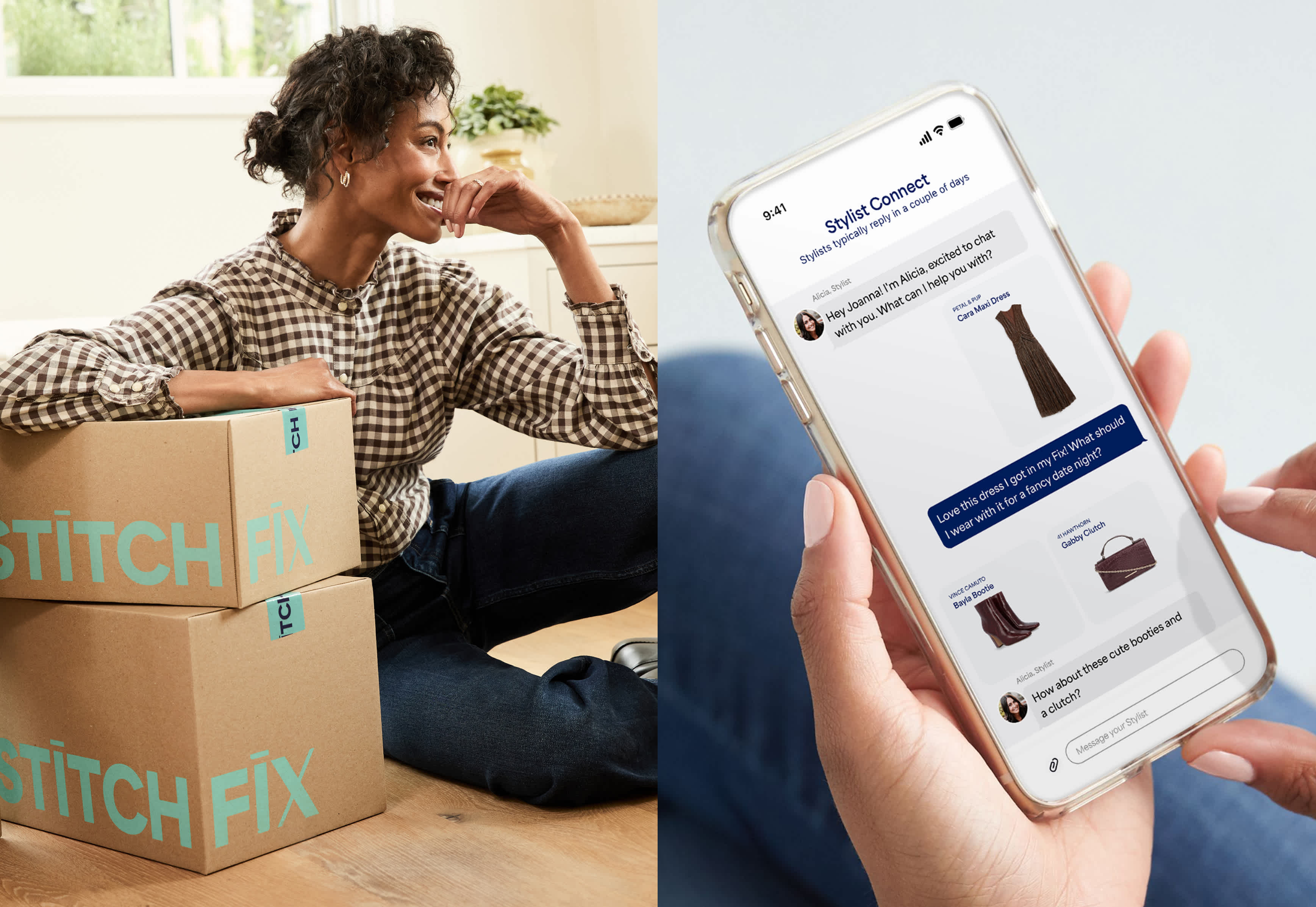 Woman sitting on the floor next to Stitch Fix delivery boxes, alongside a close-up of a smartphone screen showing the Stitch Fix app with a stylist-client chat about outfit recommendations.