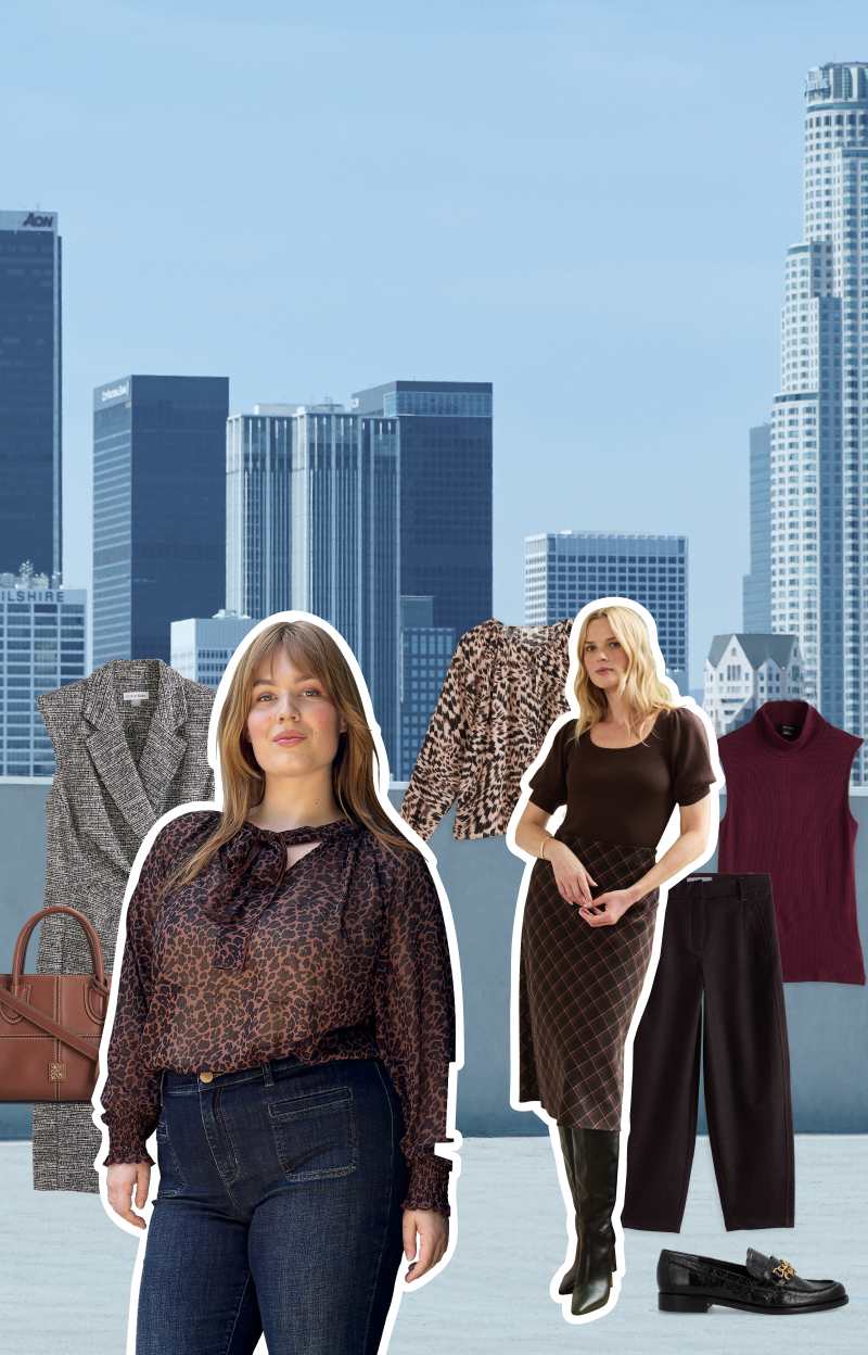 On the left, a woman with curly hair wears high-waisted dark trousers, a cream top, a cropped black-and-white houndstooth jacket and carries a structured brown handbag. Next to her is a. On the right, one woman wears a sheer leopard-print blouse with blue jeans and another wears a white buttoned vest with wide-leg black trousers and a large brown tote. They are surrounded by additional images of individual clothing items: a red leather-finish blazer, a brown tote, dark loafers, a sleeveless burgundy knit top, an animal-print blouse, a burgundy high-heel shoe, a beige ribbed cardigan, plaid skirt and a gray sleeveless coat.