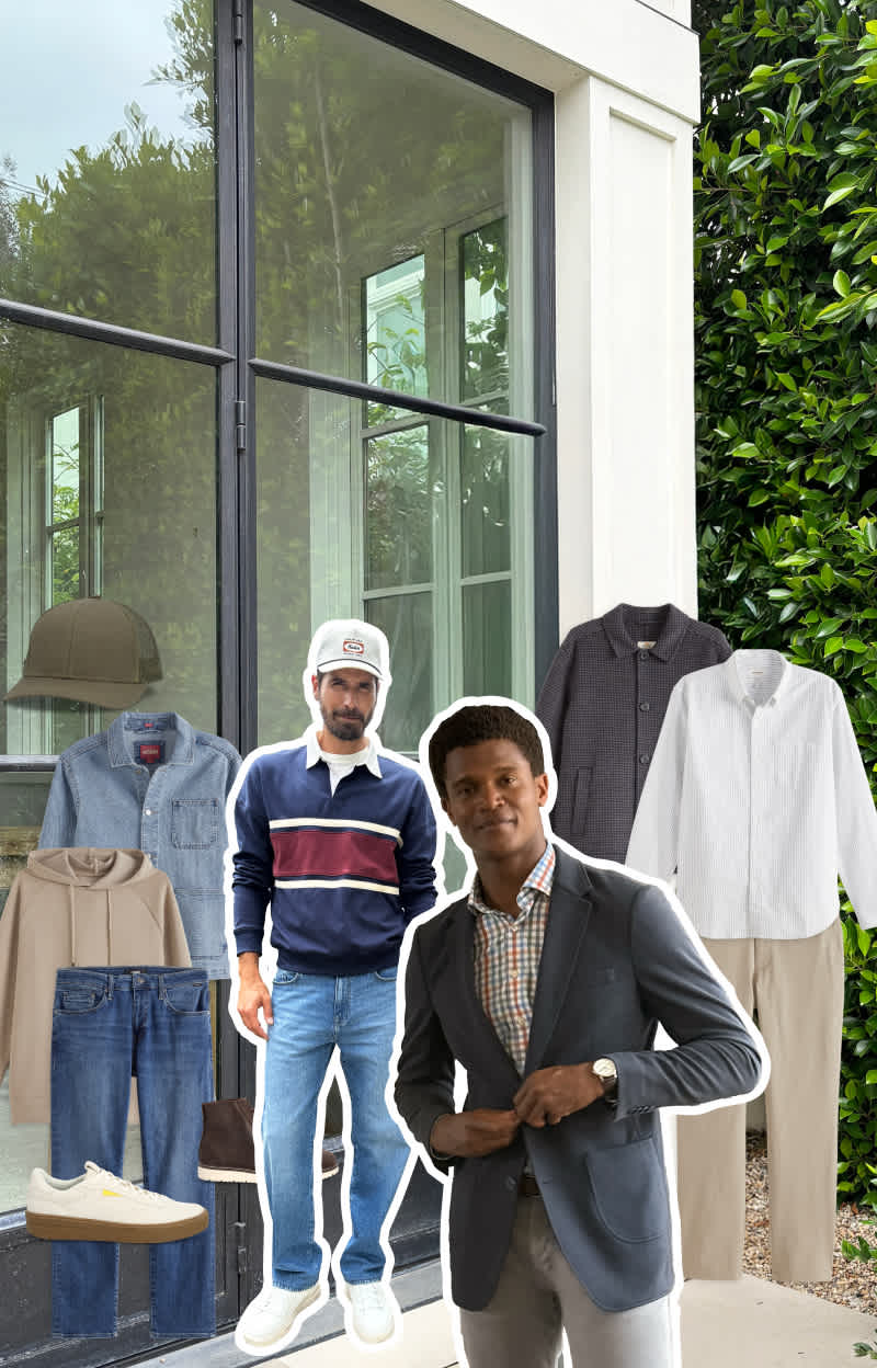 On the left, a bearded man wears a blue zip-up jacket over a light sweater with navy pants and dark shoes. Another man wears a checked button-down shirt, a blazer and light gray pants. On the right, a man in a casual look wears a navy rugby-stripe sweatshirt, light blue jeans, white sneakers and a white cap. Surrounding the people are individual images of clothing, including chinos, a white button-down shirt, black shoes, a charcoal shacket, a blue sweater polo with cream stripes, a dark khaki cap, a denim shirt, a cream hoodies, light-wash jeans, cream sneakers and a faded grey jeans.