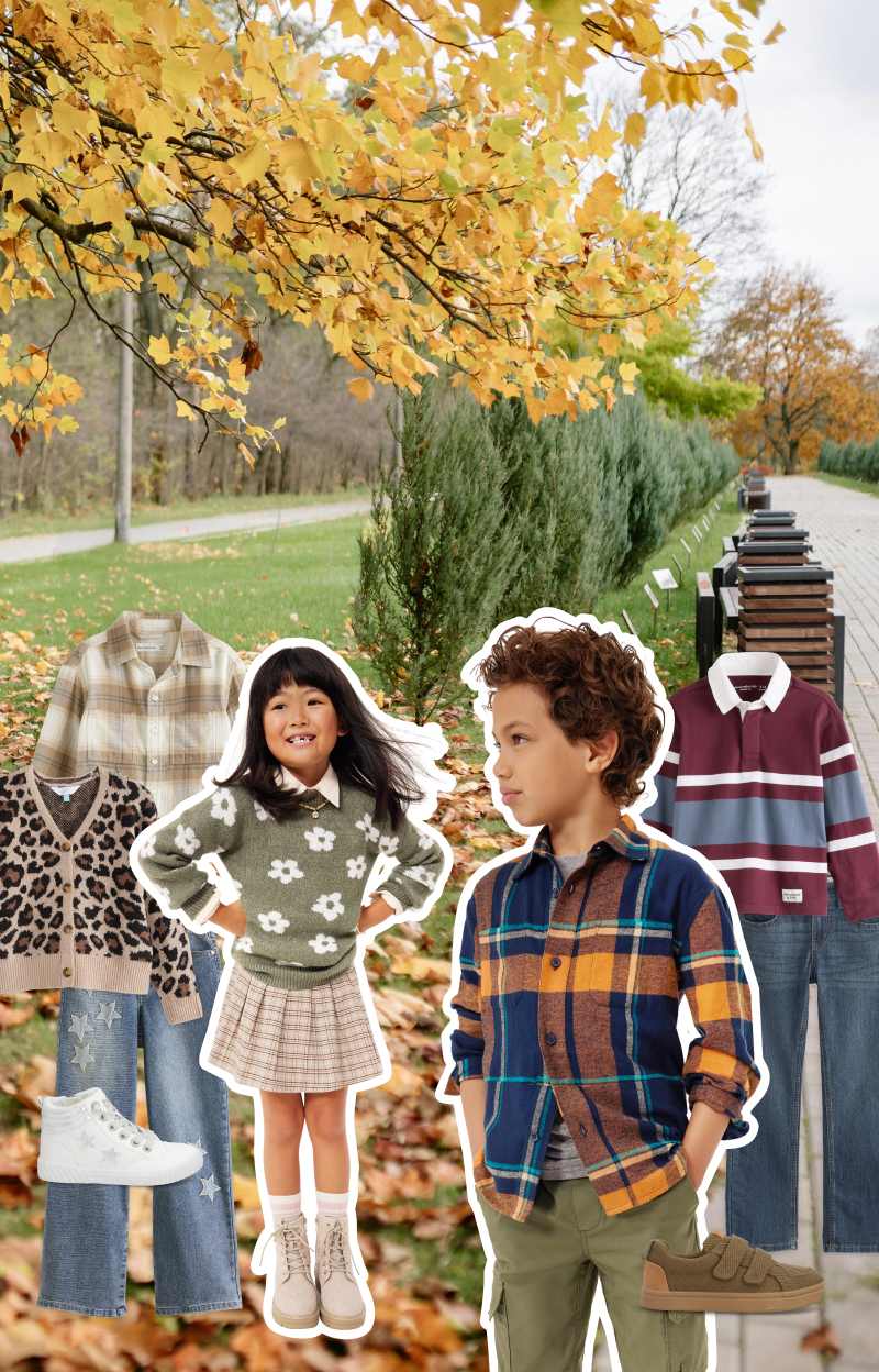 This image contains photos of smiling children modeling clothes, along with images of individual pieces of clothing. On the left, a girl wears a green sweater with white flowers over a collared shirt, paired with a beige plaid skirt and cream lace-up boots. Next to her a blond boy wears a gray hoodie layered over a plaid shirt with tan pants and brown lace-up sneakers. On the right, a boy wears a navy and orange plaid button-down over a gray tee with olive cargo pants. On the far right, a girl wears a feminine cinch-waist top with tan cargo pants and white sneakers.  Around the pictures of kids are additional items of clothing, including a light-colored plaid flannel shirt, leopard-print cardigan, jeans embellished with denim stars white high-top sneakers, a burgundy puff-sleeve dress, an olive colored quilted jacket with hood, a burgundy rugby shirt, a pair of jeans, a green sweater with white stripes, a blue and white plaid top, a beige cardigan sweater, light-wash jeans and green velcro-close sneakers. 