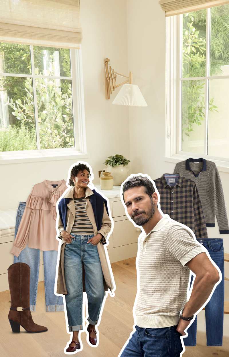 A woman with curly hair wears a striped top tucked into relaxed jeans with a trench coat and navy sweater over her shoulders and mary-jane style shoes. Next to her, another woman wears a flowing navy maxi dress with puff sleeves and white clogs. On the right, a bearded man wears a cream knit polo with blue jeans. Next to him appears the same man wearing a tan overshirt with a cream t-shirt, black jeans and slip-on shoes. Around them appear individual images of additional clothing items: a patterned midi dress, brown knee-high boots, cuffed blue jeans, a blush bow-tie blouse, a burgundy sweater, a dark checked button-down shirt, a gray knit polo and blue jeans.