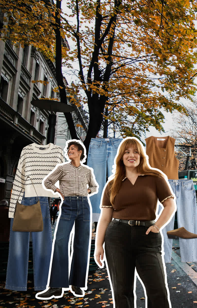 On the left, a woman with short curly hair wears a brown-and-white gingham button-down tucked into wide-leg jeans. Next to her, another woman with auburn hair wears a brown knit collared top tucked into high-rise black jeans. On the right, a woman with long blonde hair wears a tobacco colored boho blouse with light-wash jeans embroidered with floral designs, styled with suede ankle boots. Around them float additional images of clothing items, including a cream-and-black striped sweater, dark blue jeans, an olive suede handbag, burgundy clogs, dark denim jeans, black jeans, a brown and white gingham blouse, a tailored brown vest with asymmetrical buttons, another pair of light-wash jeans, brown suede mules, tall brown leather boots with heels, wide-leg cuffed jeans and a black blouse with a graphic white pattern.