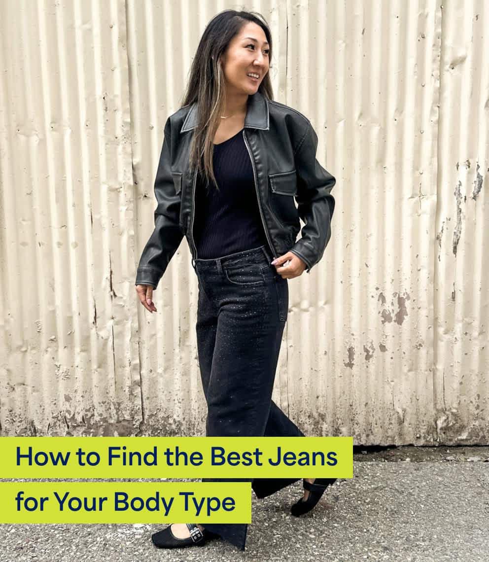 How to Find the Best jeans for Your Body Type. A woman with long dark hair wears a black top, black jeans, black mary-jane shoes and a faux leather zip-up jacket.