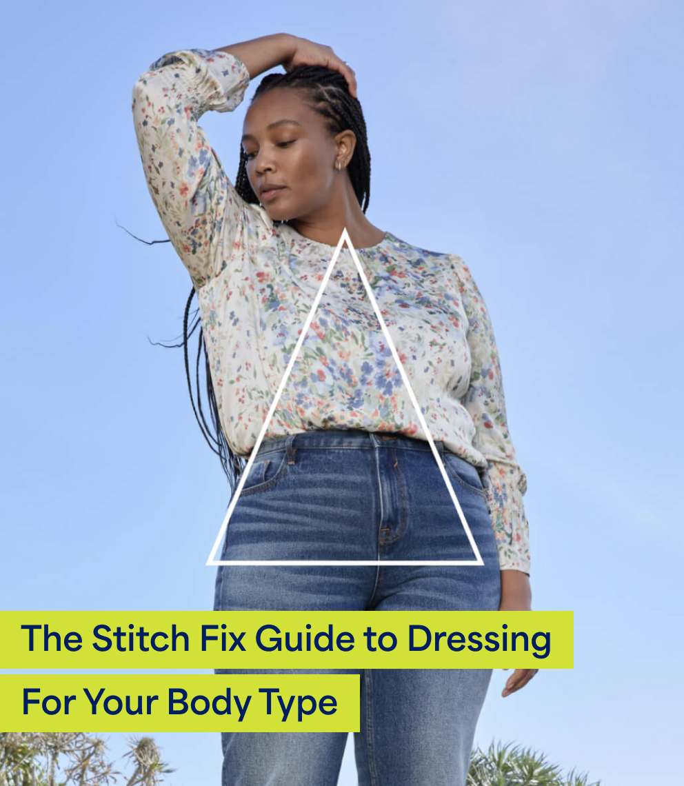The Stitch Fix Guide to Dressing For Your Body Type. A woman with braided hair wears a white boho blouse with a floral print and light-wash jeans.