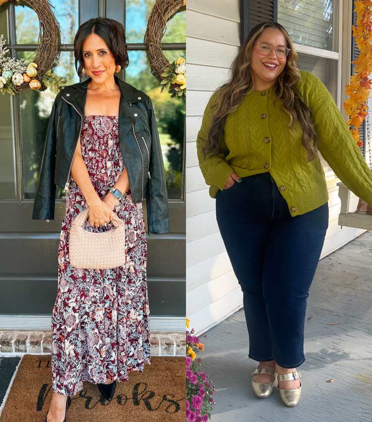 The image shows a petite brunette woman in a burgundy floral-print maxi dress with a black moto-style jacket over her shoulders, a woven cream handbag and black shoes  The image shows a petite woman with long wavy hair wearing a green cable-knit cardigan, dark blue jeans and metallic gold mary janes