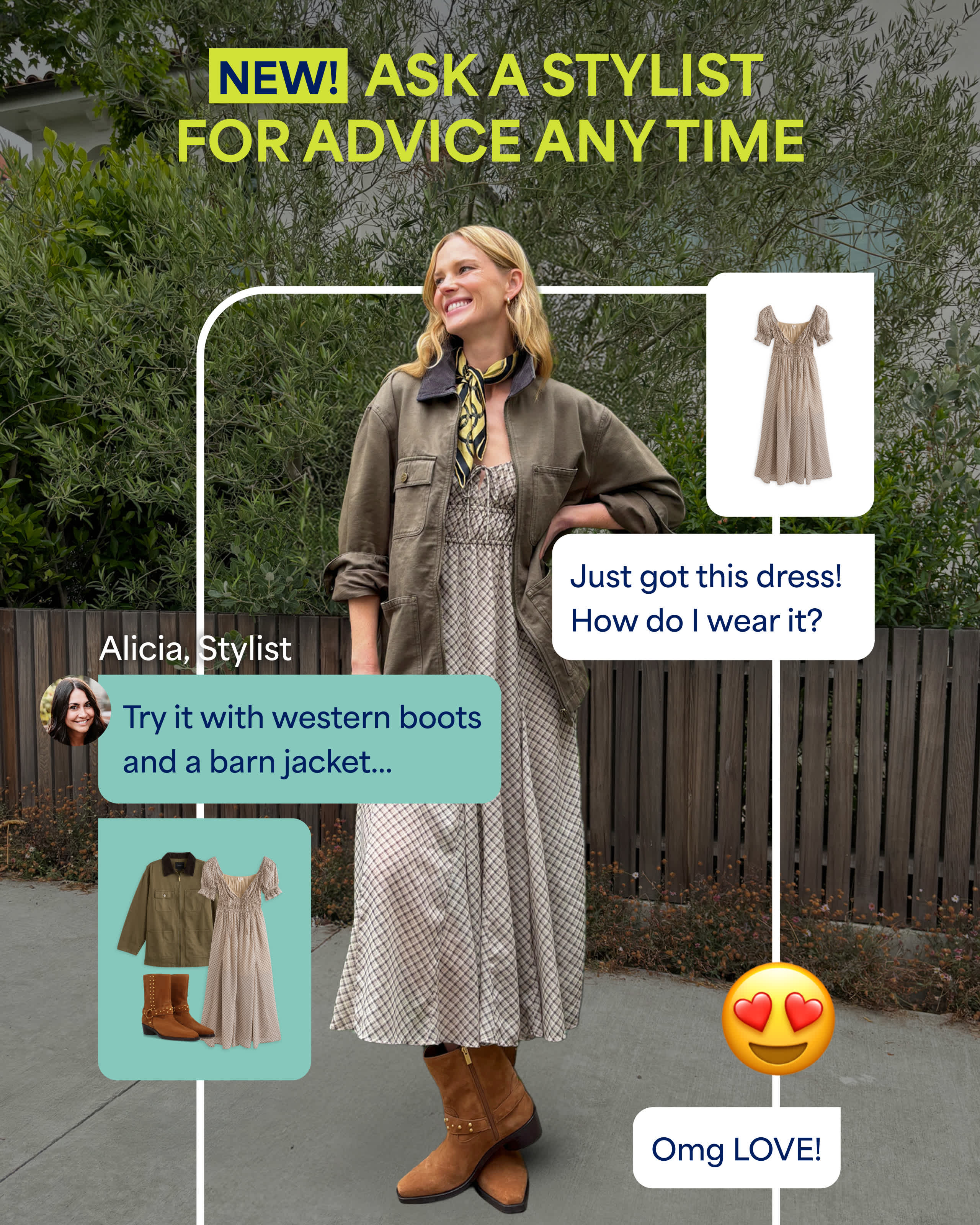 Image for Stitch Fix Stylist Connect. A smiling woman stands outdoors wearing a patterned midi dress styled with an olive-green barn jacket, western boots, and a neck scarf. Text above reads “NEW! Ask a stylist for advice any time.” On the right, a chat bubble says, “Just got this dress! How do I wear it?” with a picture of the dress. Below, stylist Alicia suggests, “Try it with western boots and a barn jacket…” paired with an outfit collage. The final bubble responds with heart-eye emojis and “Omg LOVE!”
