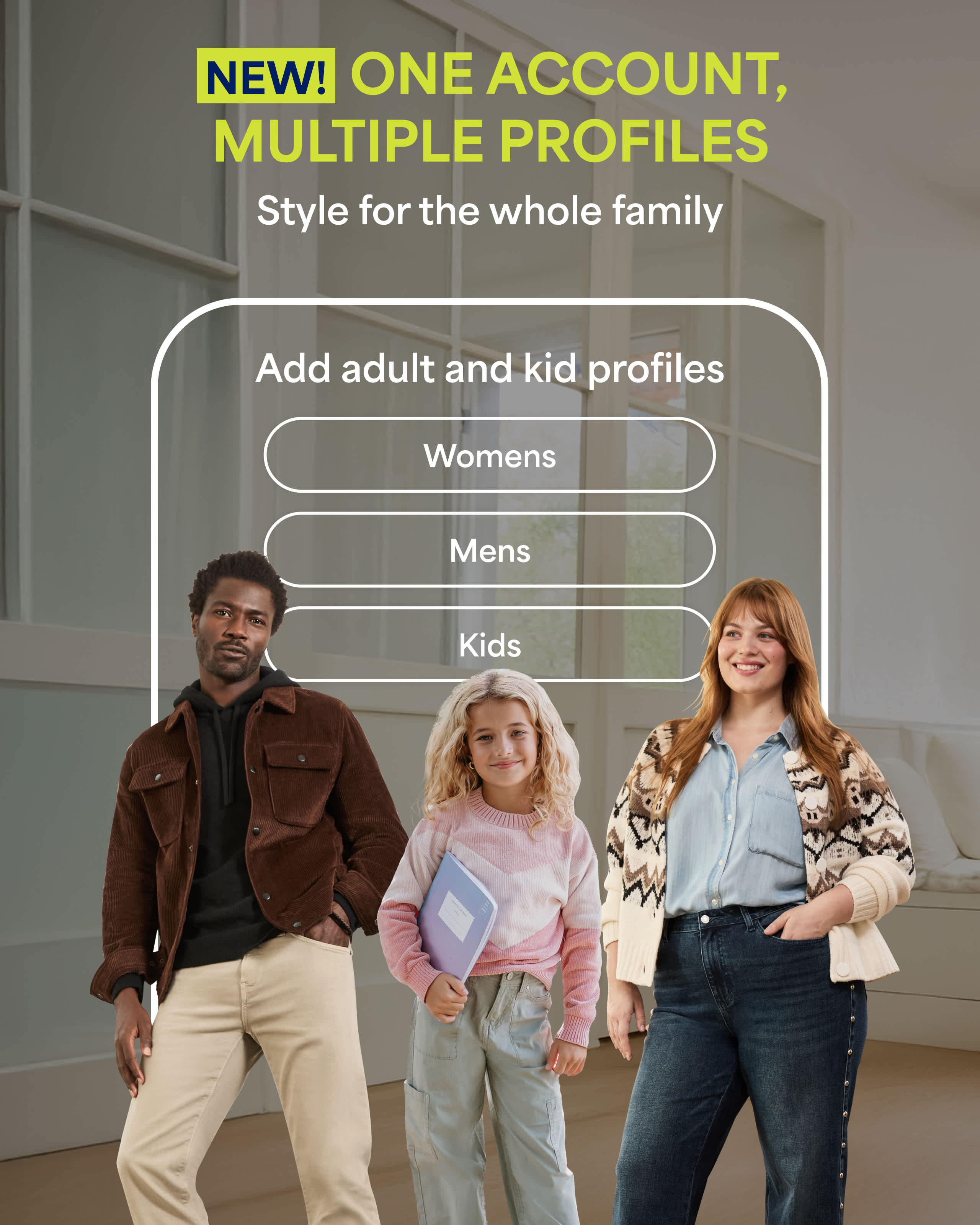 Stitch Fix men’s and women’s clients wearing Stitch Fix outfits as part of one account, multiple profiles