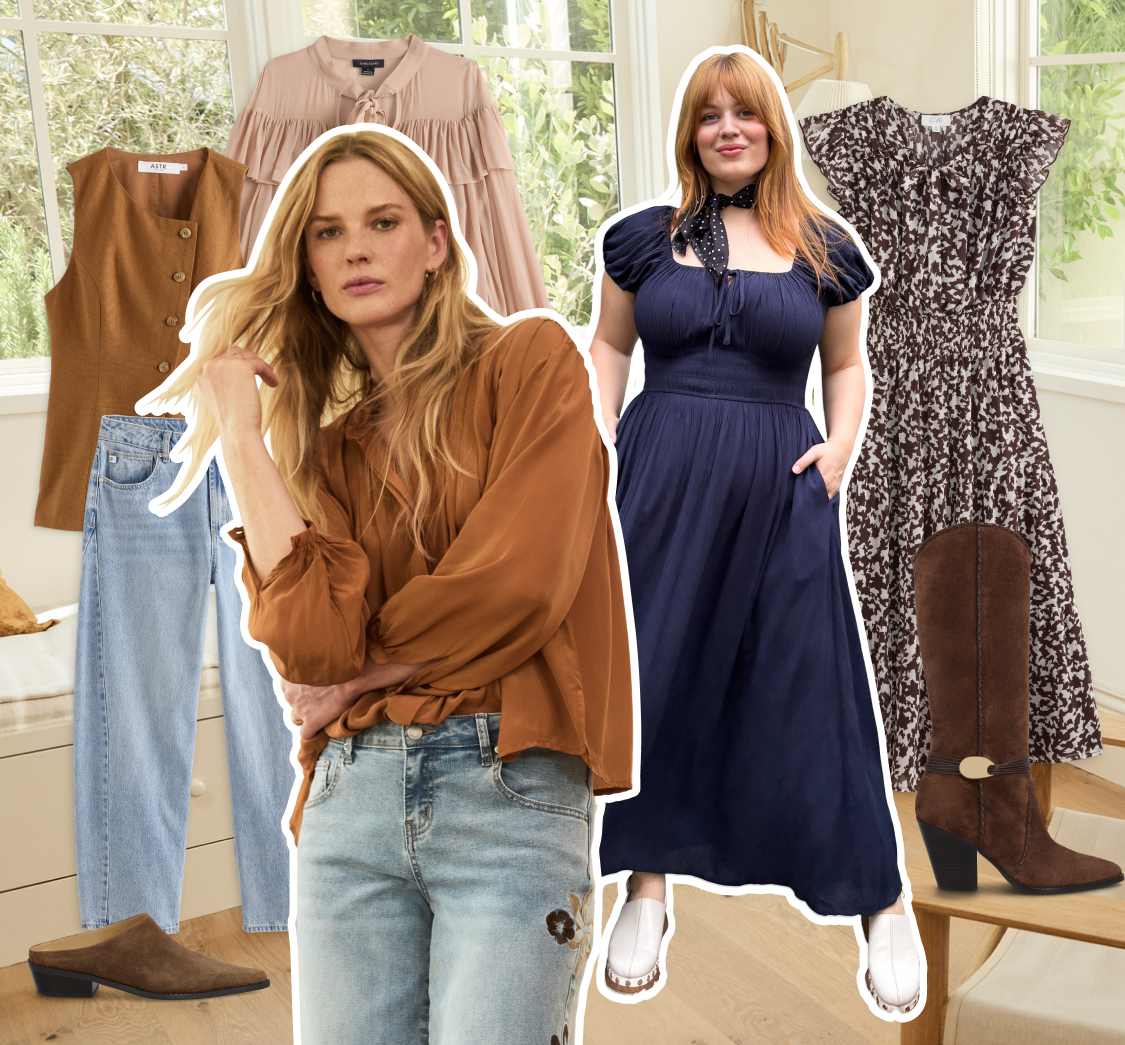 On the right, a woman with long blonde hair wears a tobacco colored boho blouse with light-wash jeans embroidered with floral designs. On the left, a woman with auburn hair wears a navy blue maxi dress with a cinched waist and short sleeves plus a blue neck scarf and white clogs. Around them float additional clothing items: a tailored brown vest with asymmetrical buttons, a pair of light-wash jeans, brown suede mules, a beige blouse, a floral midi dress and brown knee-high boots.