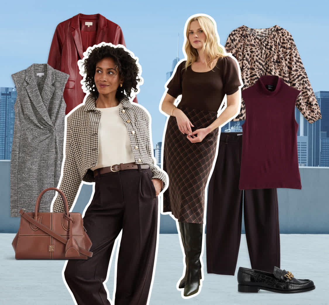 On the left, a woman with short curly hair wears a brown-and-white gingham button-down tucked into wide-leg jeans. Next to her, another woman with auburn hair wears a brown knit collared top tucked into high-rise black jeans. Around them float additional images of clothing items, including a cream-and-black striped sweater, dark blue jeans, an olive suede handbag, burgundy clogs, tall brown leather boots with heels, black jeans, a black blouse with a graphic white pattern and a quilted barn jacket.