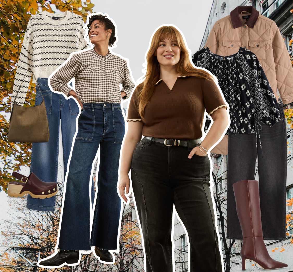 On the left, a woman with short curly hair wears a brown-and-white gingham button-down tucked into wide-leg jeans. Next to her, another woman with auburn hair wears a brown knit collared top tucked into high-rise black jeans. Around them float additional images of clothing items, including a cream-and-black striped sweater, dark blue jeans, an olive suede handbag, burgundy clogs, tall brown leather boots with heels, black jeans, a black blouse with a graphic white pattern and a quilted barn jacket.