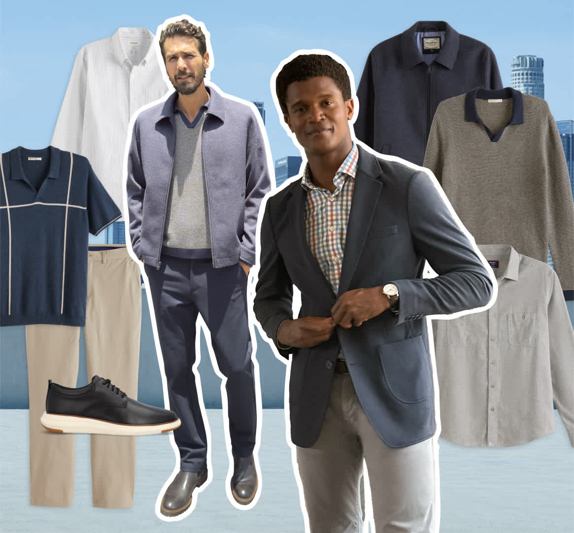 On the left, a bearded man wears a blue zip-up jacket over a light sweater with navy pants and dark shoes. Another man wears a checked button-down shirt, a blazer and light gray pants. Surrounding the people are individual images of clothing, including chinos, a white button-down shirt, black shoes, a charcoal shacket, a blue sweater polo with cream stripes, and a grey button-up.