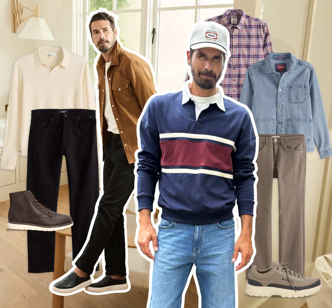 A bearded man appear wearing two different outfits. On the left, he wears a tan overshirt with a cream t-shirt, black jeans and slip-on shoes. On the right, he wears a casual navy rugby-stripe sweatshirt, light blue jeans, white sneakers and a white cap. Around the figures appear pictures on individual clothing items: a cream button-up, black commuter pants, dark brown lace-up boots, a plaid shirt, a denim overshirt and faded grey jeans.