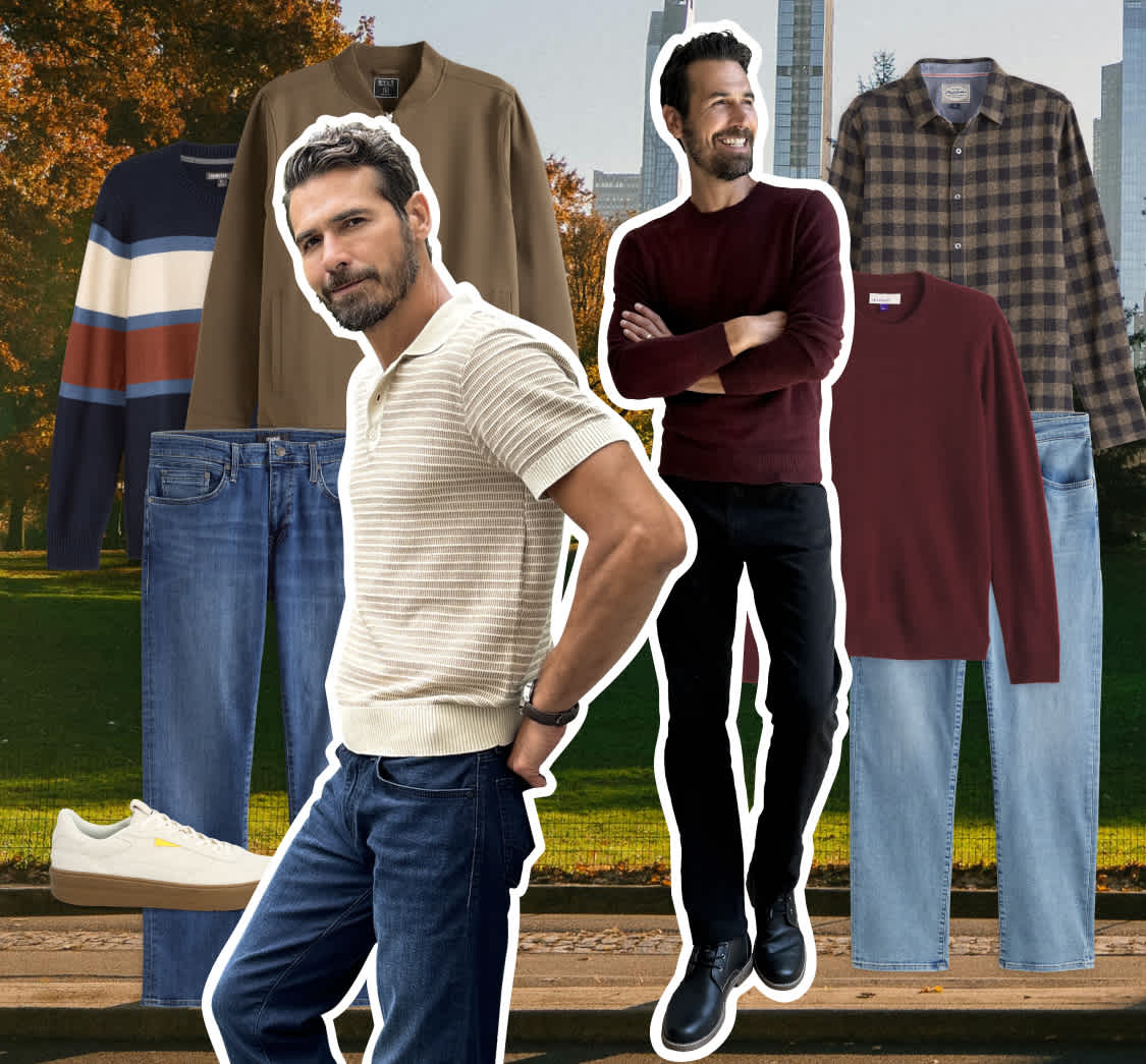 We see two images of the same bearded man. On the right side he wears a cream sweater polo with fine stripes and dark-wash jeans. On the left side he wears a burgundy sweater with black pants. Around them float images of individual clothing items: a brown jacket, a rugby-stripe sweater, blue jeans, white sneakers, a plaid button-down, a burgundy sweater and light-wash jeans.