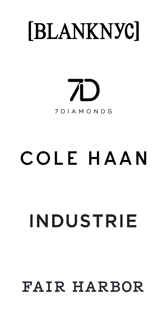 BlankNYC, 7 Diamonds, Cole Haan, Industrie, and Fair Harbor logos.