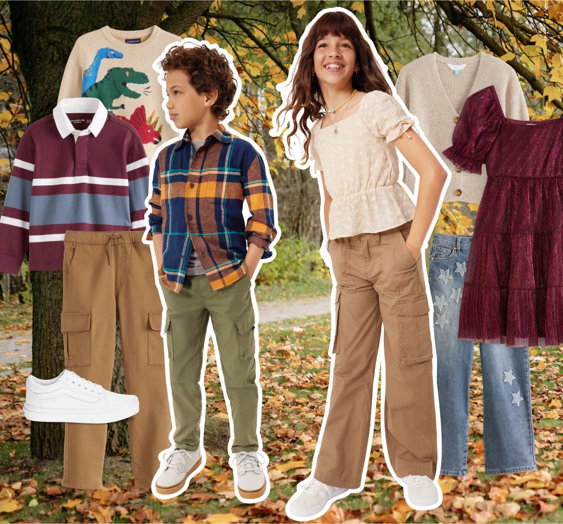 On the right, a boy wears a navy and orange plaid button-down over a gray tee with olive cargo pants. Next to him is a girl wearing a feminine cinch-waist top with tan cargo pants and white sneakers. Around the pictures of kids are additional items of clothing, including a sweater with dinosaur graphics, a burgundy rugby shirt, brown cargo pants, white sneakers, a cream v-neck cardigan sweater, jeans embellished with denim stars and a burgundy puff-sleeve dress.