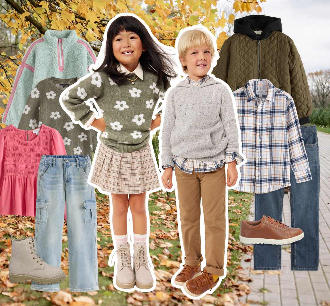 This image contains photos of smiling children modeling clothes, along with images of individual pieces of clothing. On the left, a girl wears a green sweater with white flowers over a collared shirt, paired with a beige plaid skirt and cream lace-up boots. Next to her a blond boy wears a gray hoodie layered over a plaid shirt with tan pants and brown lace-up sneakers. Around the pictures of kids are additional items of clothing, including a light green fleece pullover with pink accents, a green sweater with a white floral design, a pink smocked tip, cargo jeans, grey lace-up boots, an olive colored quilted jacket with hood, a pair of jeans and brown leather sneakers