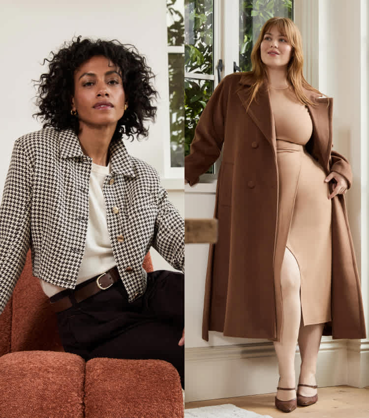 On the left, a woman with curly hair wears a cream sweater, a cropped cream-and-white houndstooth jacket with gold buttons and black pants with a belt. On the right, a woman with auburn hair wears a camel-colored faux wrap dress with a thigh slit and a long espresso-brown overcoat.