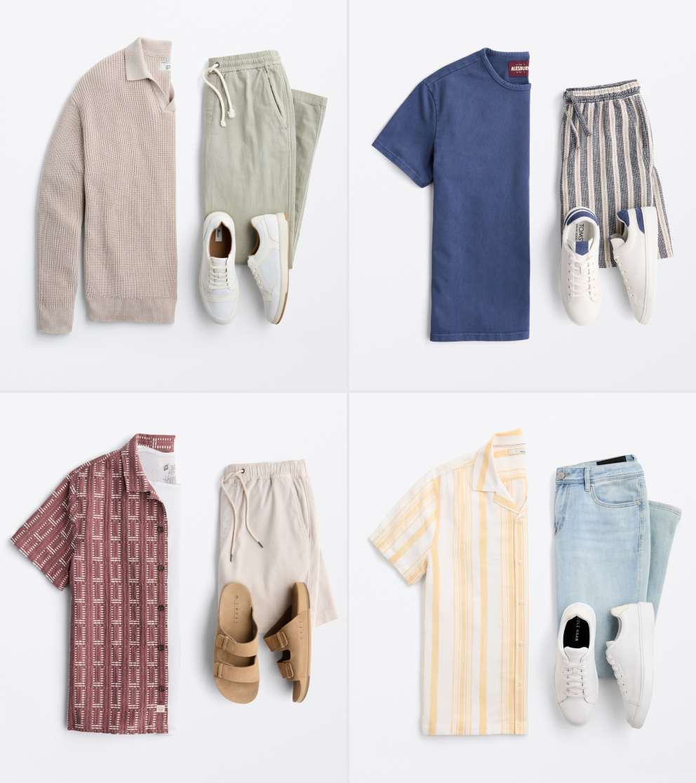 A flat lay image shows four men’s vacation outfits on a white background. The top left includes a beige knit polo, light green joggers and white sneakers. The top right features a navy T-shirt with blue-and-white striped shorts and white sneakers. The bottom left shows a maroon patterned short-sleeve shirt, tan drawstring shorts, and brown sandals. The bottom right includes a yellow-and-white striped short-sleeve shirt, light wash jeans and white sneakers.