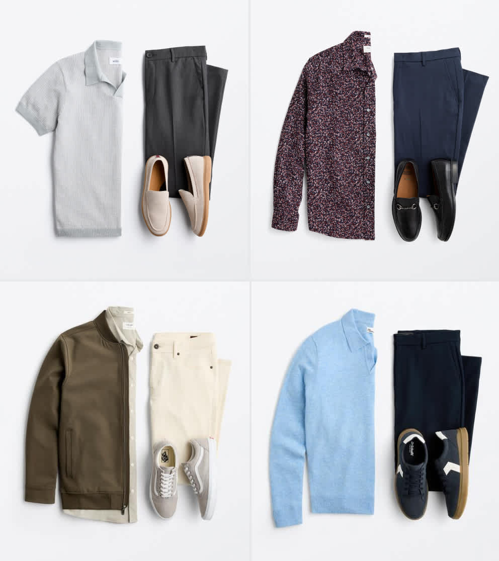 A flat lay image displays four coordinated men’s date-night outfits on a white background. The top left features a light gray knit polo, charcoal pants and beige loafers. The top right includes a maroon patterned button-down shirt, navy trousers and black loafers. The bottom left shows an olive bomber jacket layered over a green shirt with cream pants and gray sneakers. The bottom right outfit pairs a light blue collared sweater with dark trousers and dark sneakers.