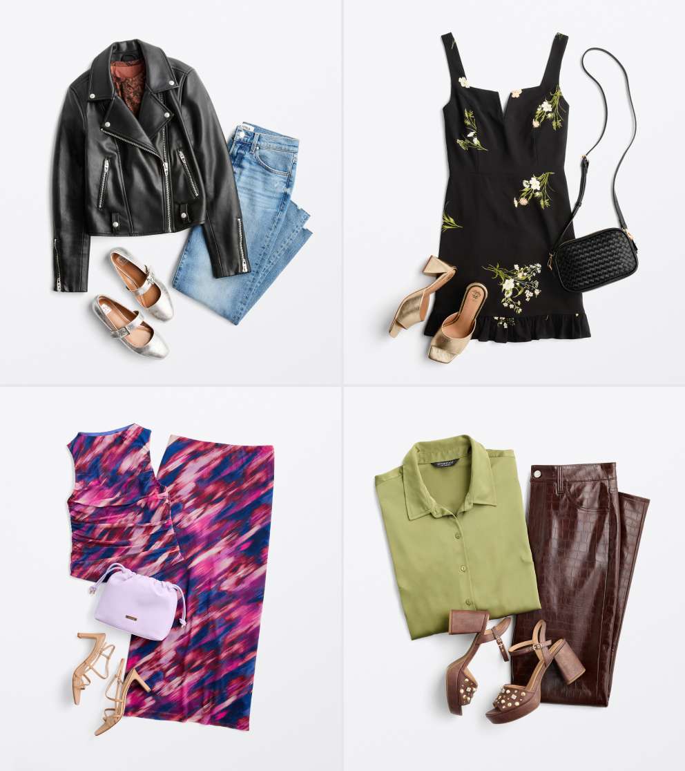 A flat lay image shows four women’s date-night outfits on a white background. Top left: Black leather moto jacket, light blue jeans and metallic flats. Top right: Black floral sundress with tan heels and a black crossbody bag. Bottom left: Pink-and-purple abstract matching sleeveless top and skirt with nude strappy heels and a lavender purse. Bottom right: Light green blouse with brown faux-leather pants and platform heels.