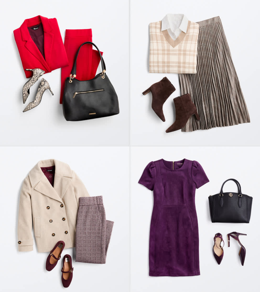 A flat lay image shows four coordinated women’s workwear outfits arranged in a grid. Top left: A bold red pantsuit with snakeskin-print pointed heels and a black handbag with gold hardware. Top right: A cream plaid sweater vest layered over a white collared shirt, paired with a pleated midi skirt and dark brown suede ankle boots. Bottom left: A cream double-breasted peacoat paired with plaid trousers in muted burgundy tones and burgundy flats. Bottom right: A plum-colored short-sleeve sheath dress styled with ankle-strap burgundy heels and a structured black handbag.