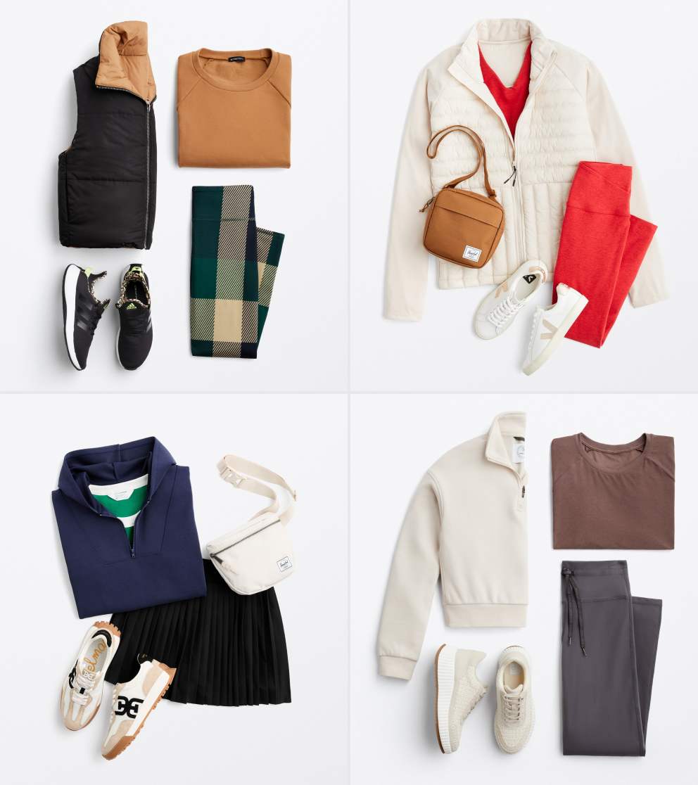 A flat lay image of four women’s active outfits on a white background. Top left: Tan sweatshirt, black puffer vest, plaid leggings and black sneakers. Top right: Cream quilted pullover jacket, red top and leggings, white sneakers and tan crossbody bag. Bottom left: Navy quarter-zip sweatshirt, black pleated skort, cream belt bag and white sneakers. Bottom right: Beige quarter-zip cropped sweatshirt, brown T-shirt, gray joggers and beige sneakers.