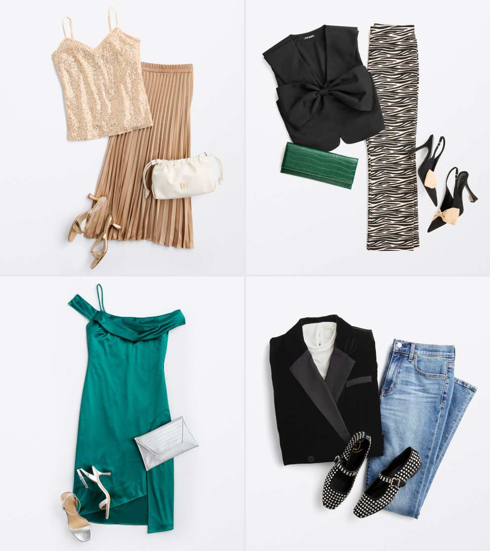 A flat lay image features four stylish women’s special occasion outfits arranged in a grid. Top left: A light gold sequin camisole paired with a pleated tan midi skirt, gold strappy heels and a cream shoulder bag. Top right: A black cropped vest with a large bow detail, zebra-print pants, black-and-beige pointed heels and a green textured clutch. Bottom left: A teal off-the-shoulder cocktail dress with silver strappy heels and a metallic silver clutch. Bottom right: A black tuxedo blazer layered over a white blouse, with blue jeans and black studded Mary Janes.