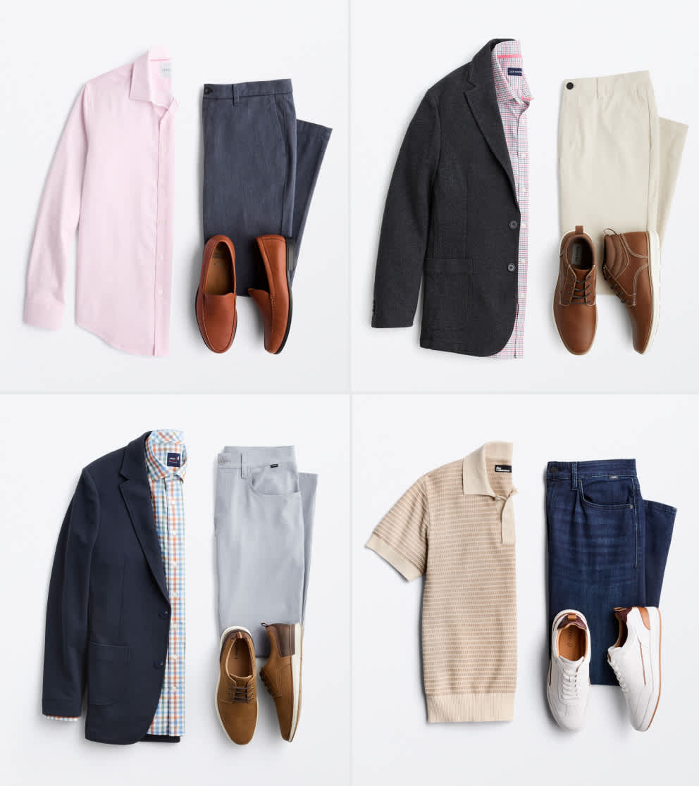 A flat lay image shows four coordinated men’s workwear outfits on a white background. The top left outfit includes a light pink button-down shirt, dark gray trousers and brown loafers. The top right features a gray sport coat over a plaid shirt with beige pants and brown leather shoes. The bottom left shows a navy blazer with a plaid shirt, light gray pants and brown dress shoes. The bottom right includes a beige knit polo shirt, dark blue jeans and white sneakers.