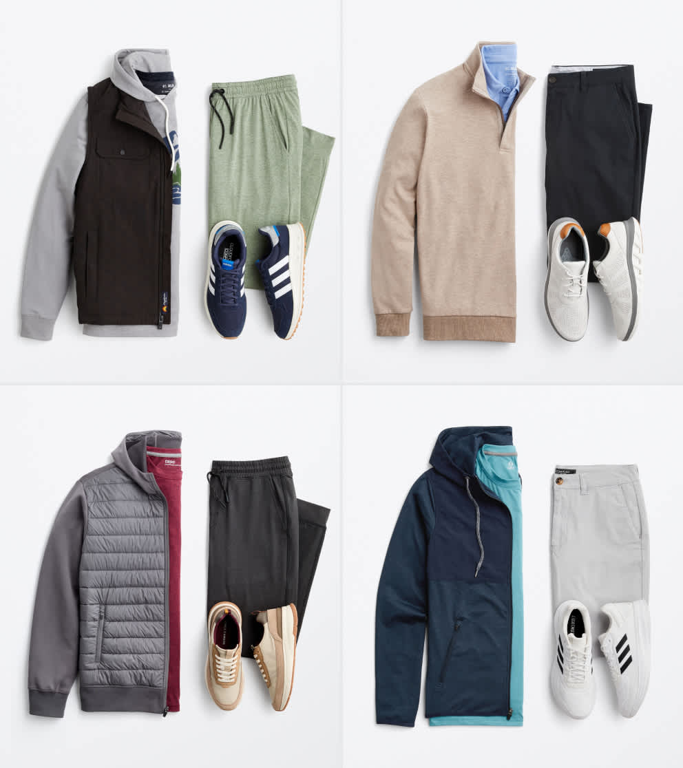 A flat lay image displays four coordinated men’s active outfits on a white background. The top left includes a gray hoodie layered with a black vest, green joggers and navy sneakers. The top right features a beige quarter-zip sweater over a light blue shirt with black golf pants and white sneakers. The bottom left shows a gray lightweight puffer jacket over a burgundy hoodie with dark gray joggers and tan sneakers. The bottom right includes a navy windbreaker, an aqua t-shirt, light gray shorts and white sneakers.
