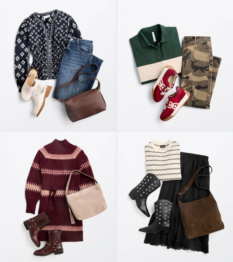 A flat lay image features four casual fall outfits arranged in a grid on a white background. Top left: A navy cardigan with a white geometric pattern paired with blue jeans, off-white lace-up boots, and a dark brown leather crossbody bag. Top right: A color-blocked polo shirt in dark green, beige, and cream with camouflage pants and red sneakers. Bottom left: A burgundy knit sweater dress with a geometric pattern, styled with brown ankle boots and a tan suede shoulder bag. Bottom right: A cream sweater with black zigzag stripes, paired with a black pleated midi skirt, studded black ankle boots, and a brown suede crossbody bag.