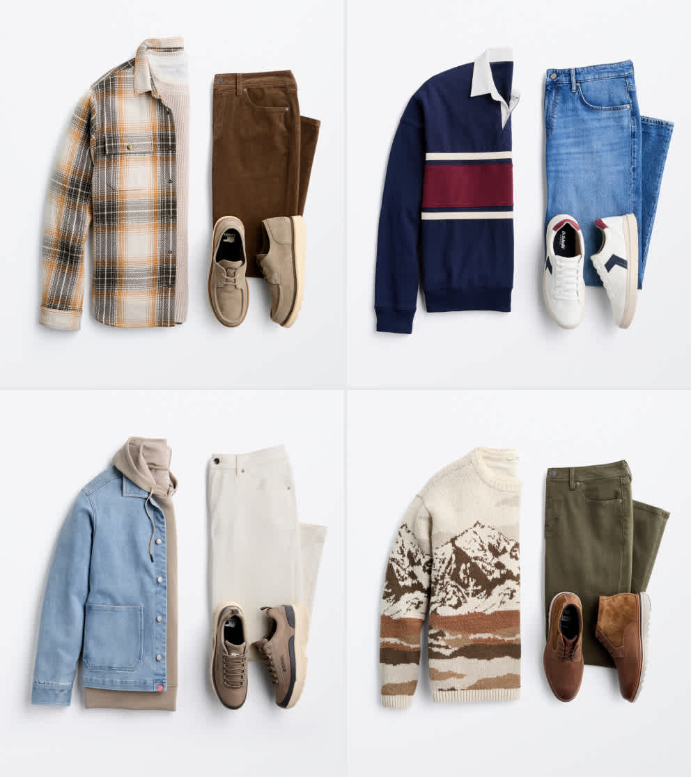 A flat lay image displays four coordinated men’s everyday outfits on a white background. The top left outfit includes a tan and gray plaid overshirt, brown corduroy pants and beige sneakers. The top right features a navy rugby-style sweatshirt with maroon and white stripes, blue jeans and white sneakers. The bottom left shows a light denim jacket layered over a beige hoodie with cream pants and taupe sneakers. The bottom right includes an ivory sweater with a brown mountain pattern, olive chinos and brown leather boots.
