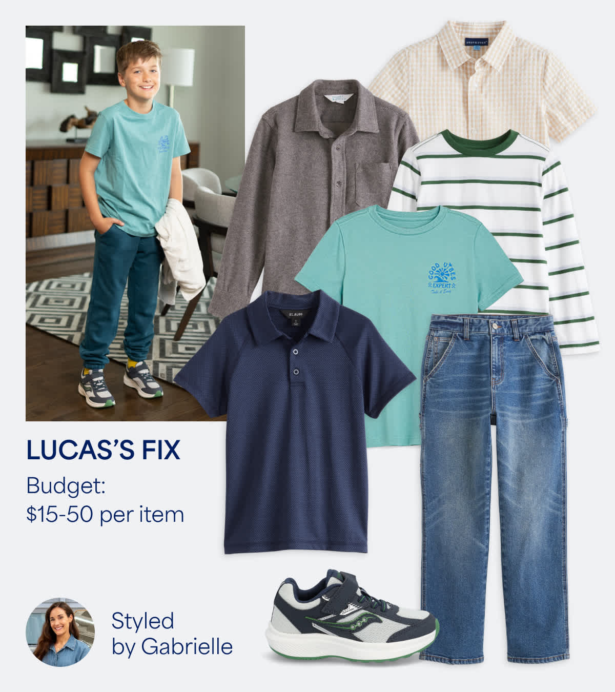 In this image, we see Luca’s Fix, with a budget of $15-50 per item, styled by Gabrielle (who is also pictured). Luca is pictured wearing a green graphic t-shirt, jeans and sneakers. We also see individual images of each of these clothing items, plus a navy blue polo shirt, a grey button up, a white long-sleeve t-shirt with green stripes and a cream button-up.
