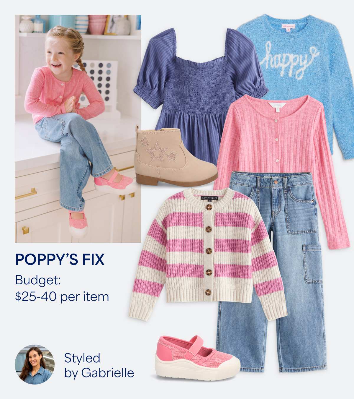 In this image, we see Poppy’s Fix, with a budget of $25-40 per item, styled by Gabrielle (who is also pictured). Poppy is pictured wearing a pink long-sleeve t-shirt, light-wash jeans and pink Mary Jane sneakers. We also see individual images of each of these clothing items, plus a pink and white striped cardigan sweater, tan western booties, a purple smocked top and a long sleeve t-shirt that says “happy.”