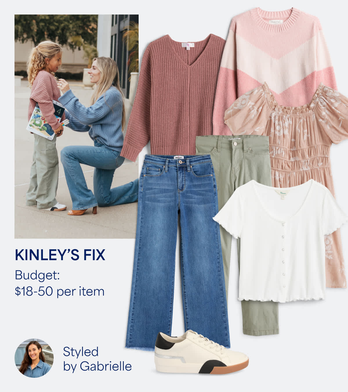 In this image, we see Kinley’s Fix, with a budget of $25-40 per item, styled by Gabrielle (who is also pictured). Kinley is pictured wearing a pink long-sleeve t-shirt, light-wash jeans and pink Mary Jane sneakers. We also see individual images of each of these clothing items, plus a pink and white striped cardigan sweater, tan western booties, a purple smocked top and a long sleeve t-shirt that says “happy.”