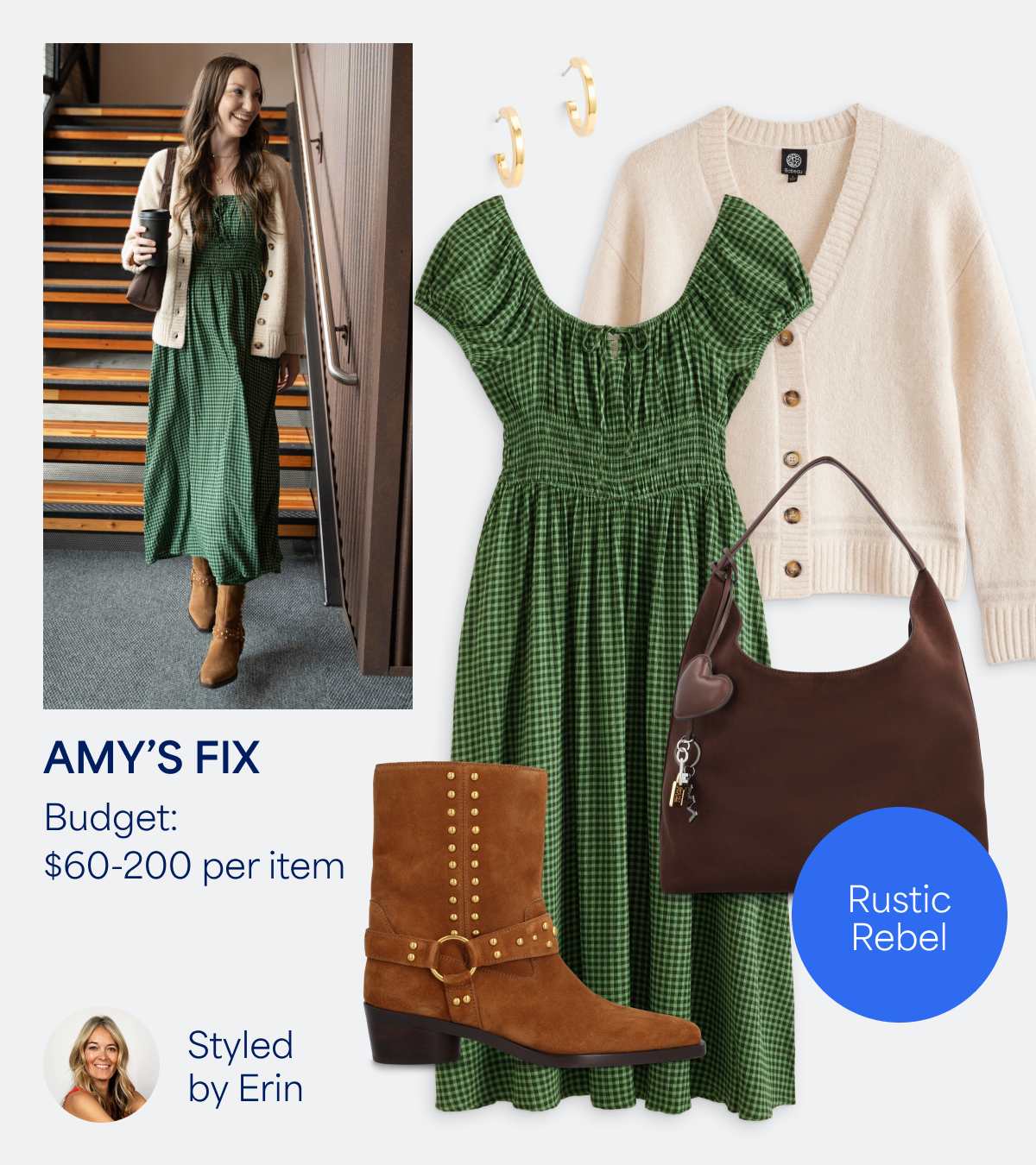 In this image, we see Amy’s Fix, with a budget of $35-100 per item, styled by Erin (who is also pictured). Her style is described as “Rustic Rebel.” Amy, a woman with long brown hair, is pictured wearing a green cap sleeve dress with a full, midi length skirt, a brown suede shoulder bag, tobacco suede booties, a cream v-neck cardigan and small gold hoop earrings. We also see individual images of each of these clothing items.