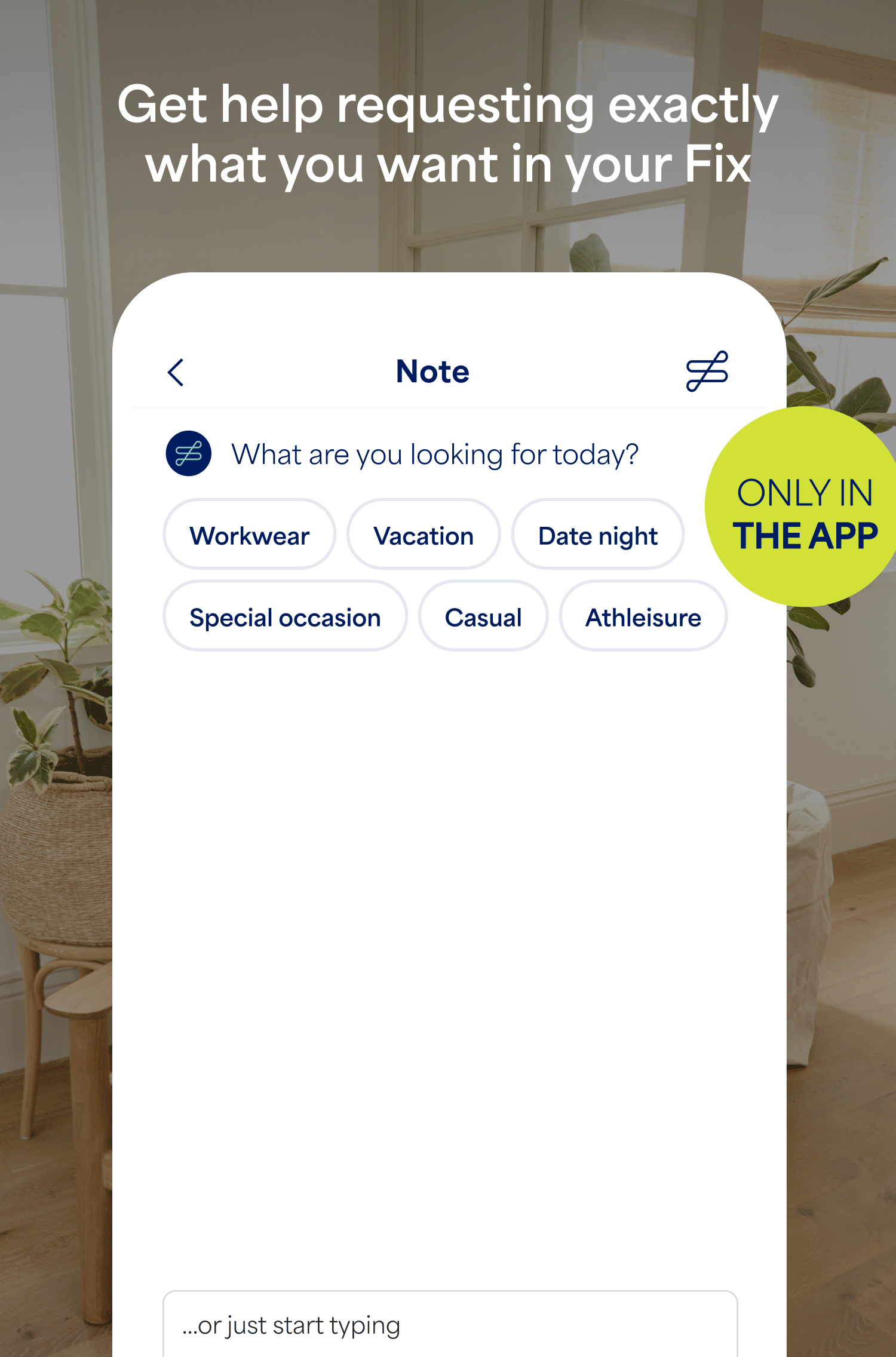 Animated GIF of mobile app screen showing a conversation with a Stitch Fix conversational ai. The client selects 'Vacation' and 'Warm weather,' then types 'Hawaii for a wedding 🌺.' ai replies with friendly suggestions to style for the occasion.