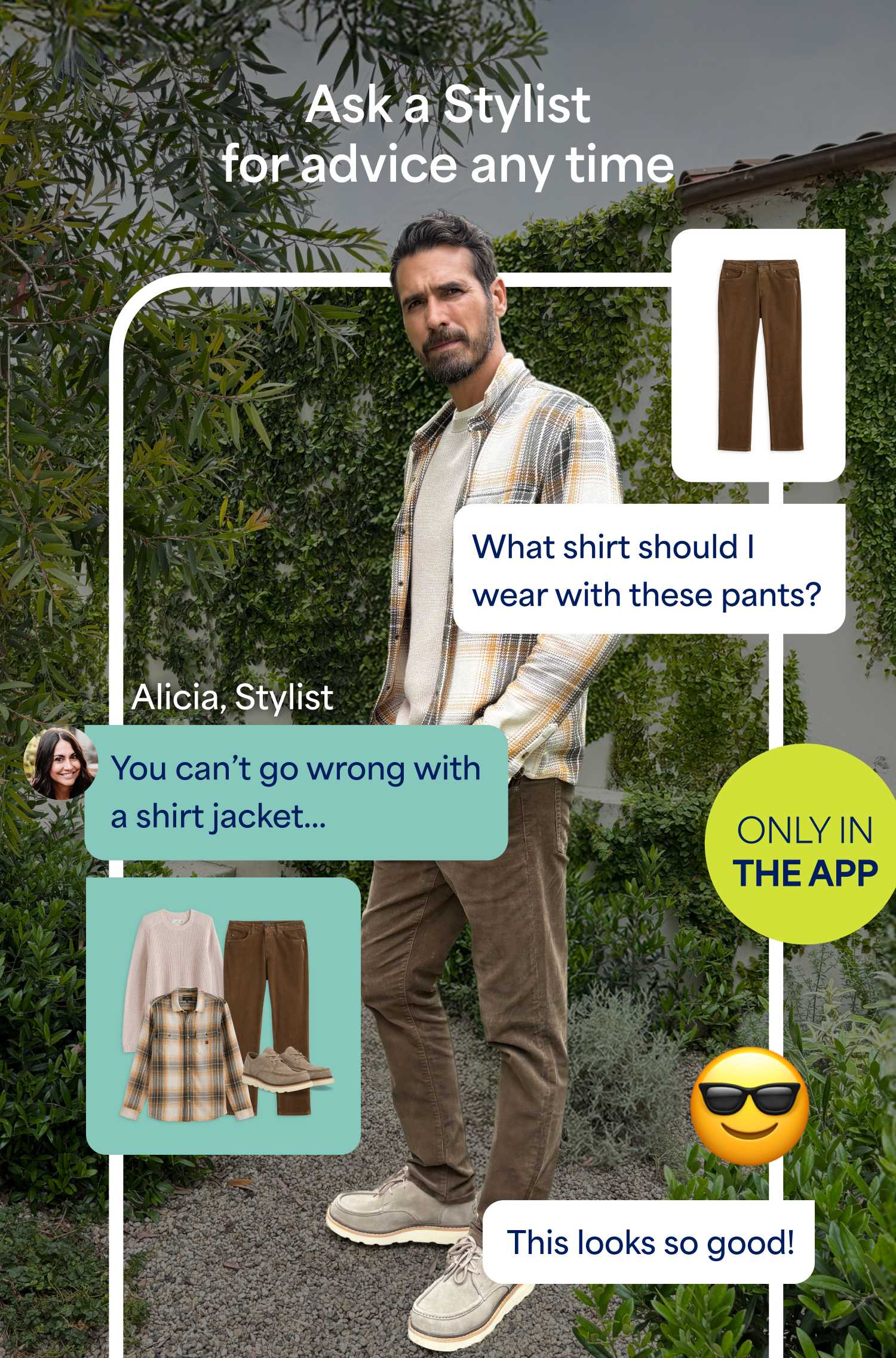 Image of a man trying on outfits while chatting with a Stitch Fix Stylist. Stylist gives outfit recomendations based on conversation.