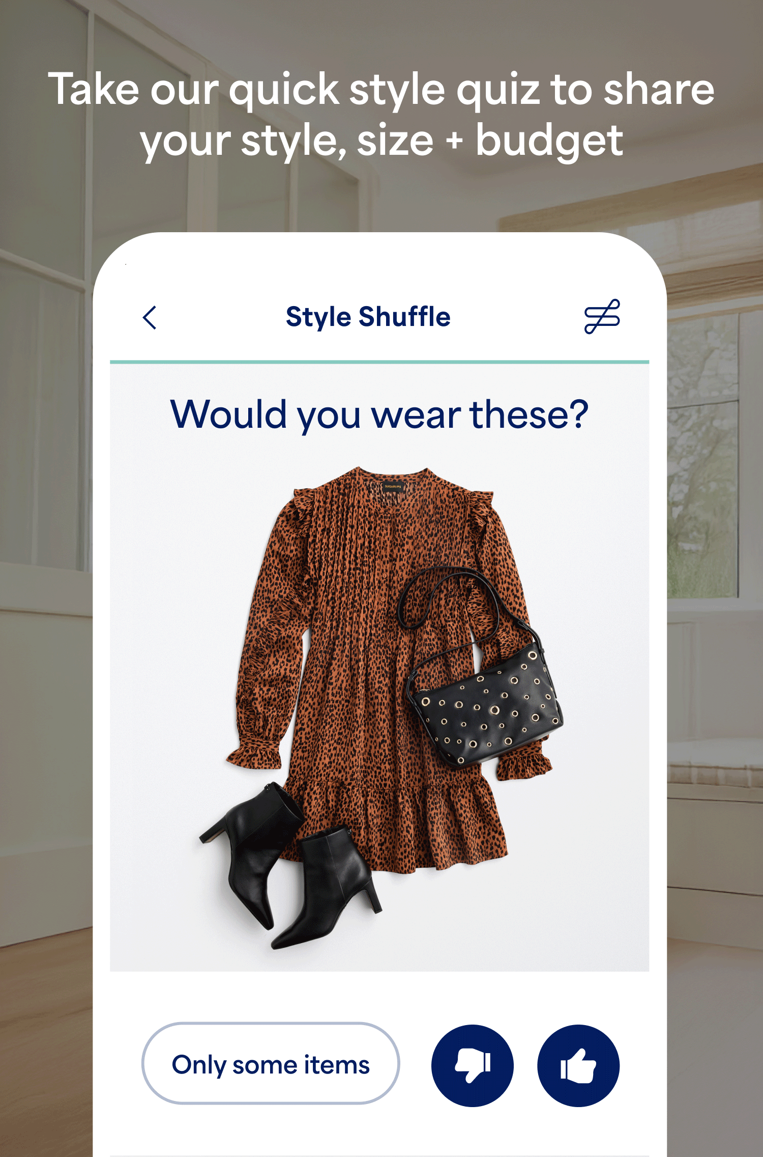 Animated GIF of a style quiz that asks 'Would you wear these?' with different outfits appearing one after another — a brown jacket with pants, a gray blazer with trousers, denim with boots, and a casual shirt with jeans. Buttons show 'Only some items' or thumbs up/down.