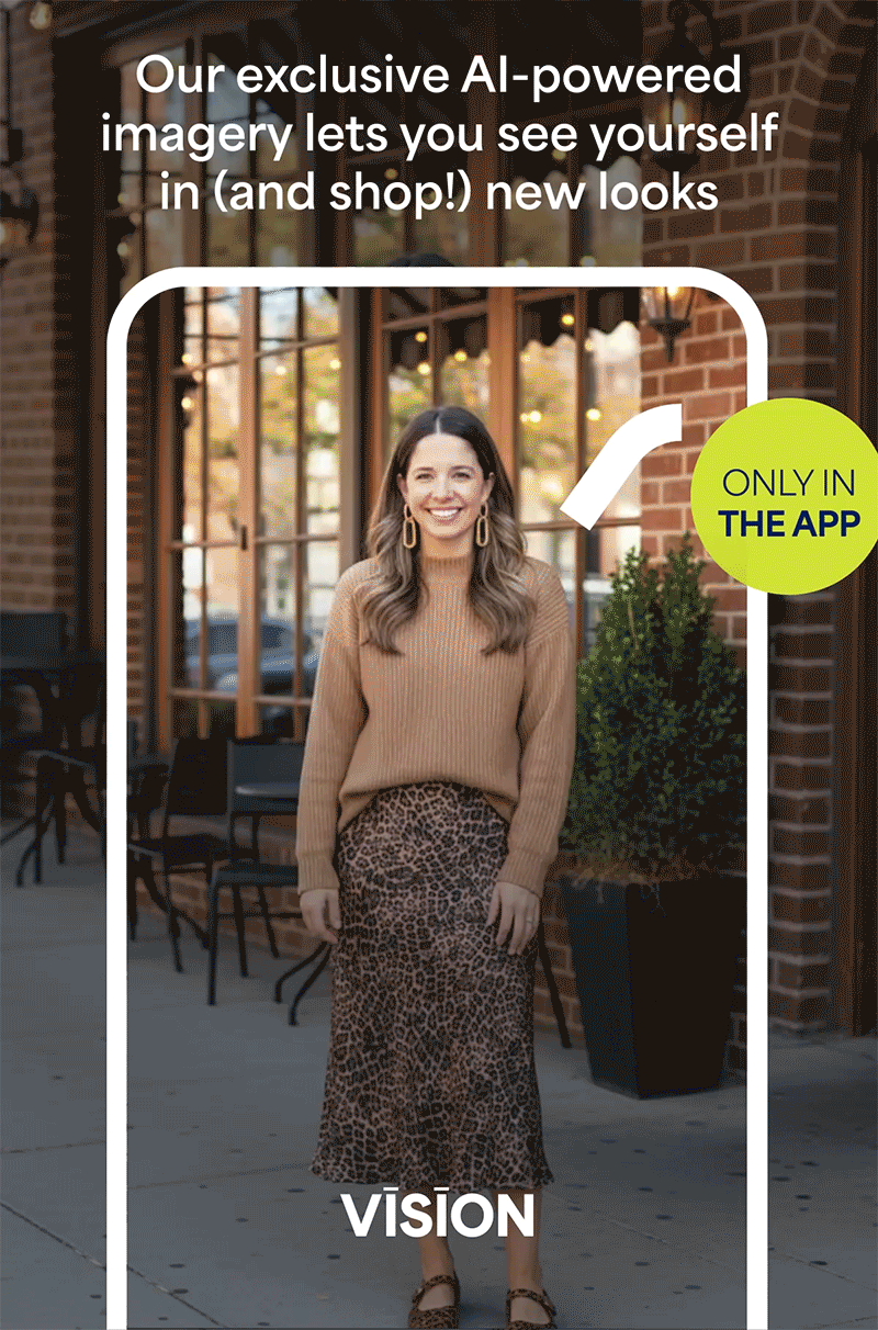 Animated GIF showing a woman modeling several Stitch Fix outfits in front of a modern storefront. Text overlay reads “See yourself in new looks (and shop!) with AI-powered imagery.” Promotes Stitch Fix Vision, an AI-powered tool available only in the app, that lets users visualize and shop new styles on themselves.