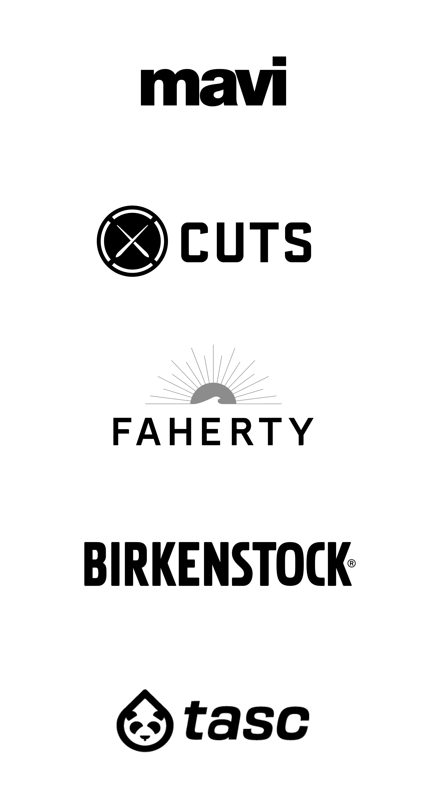 Mavi, Cuts, Faherty, Birkenstock, Tasc logos.