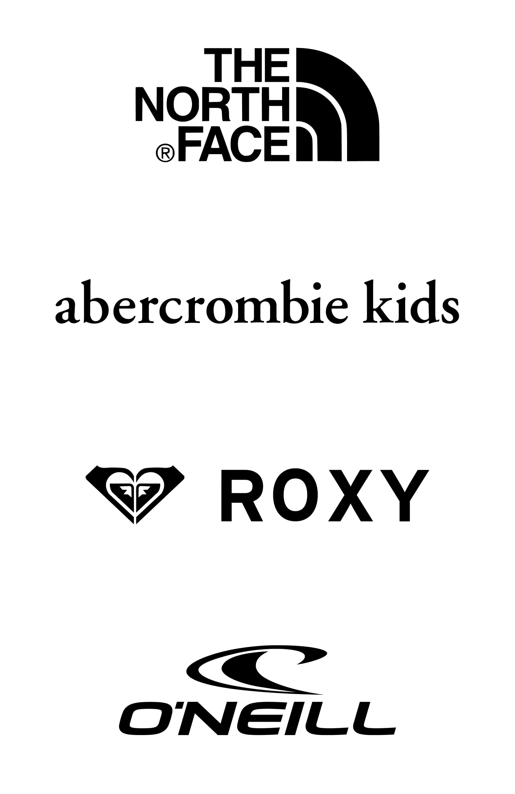 The North Face, Abercrombie Kids, Roxy, and O'Neill logos.