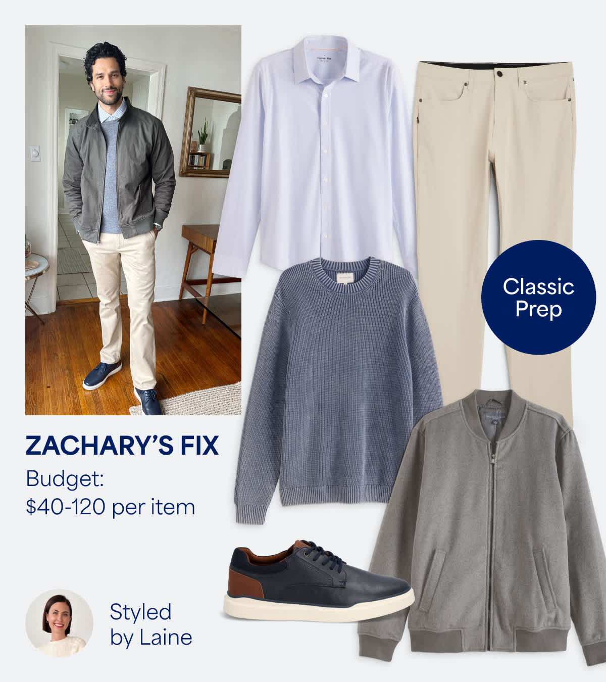 Stitch Fix men’s outfit styled by Laine for Zachary’s Fix. Budget: $40–120 per item. A clean “Classic Prep” look featuring a pale blue button-down, gray crewneck sweater, light jacket, beige pants, and navy sneakers. Photo shows Zachary smiling in his Stitch Fix look at home.