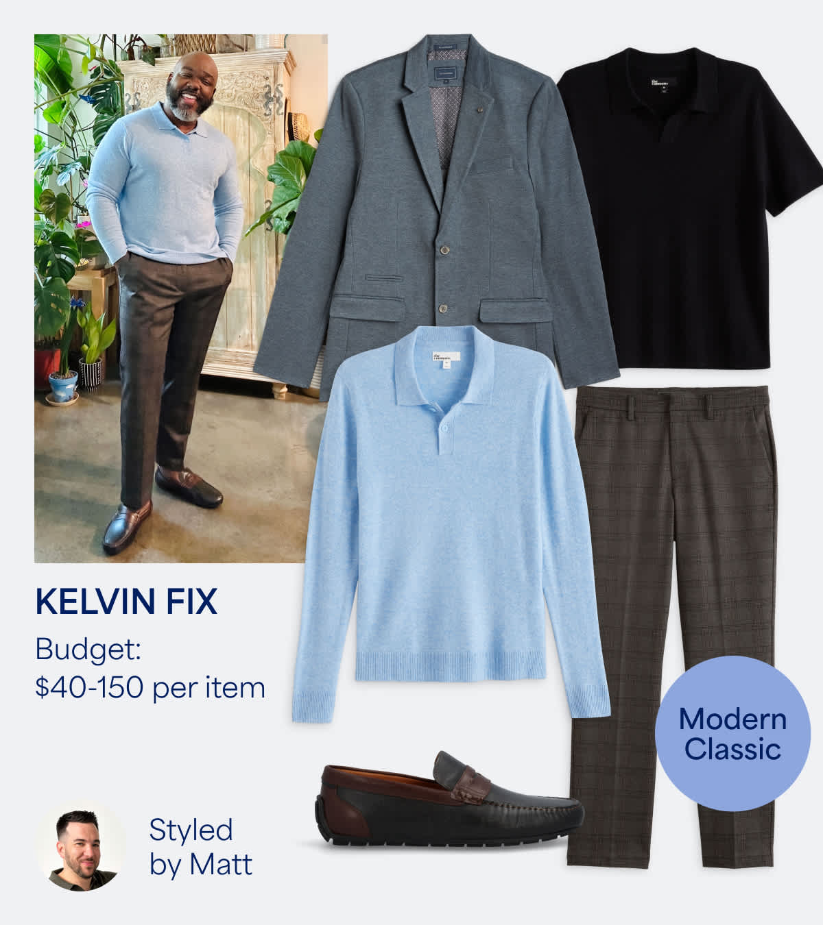 Stitch Fix men’s outfit styled by Matt for Kelvin’s Fix. Budget: $40–150 per item. A refined “Modern Classic” look featuring a light blue knit polo, gray blazer, black shirt, plaid trousers, and dark brown loafers. Photo shows Kelvin smiling in his Stitch Fix outfit.