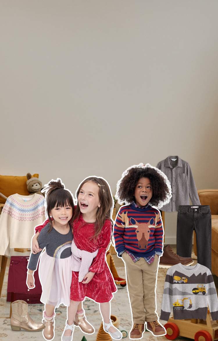 Stitch Fix desktop hero featuring kids’ playful winter looks styled in a cozy playroom. Outfits include colorful sweaters with fun motifs, corduroy and denim bottoms, knit dresses, plaid shirts, and soft outerwear. The image captures Stitch Fix’s cheerful, family-ready holiday spirit.