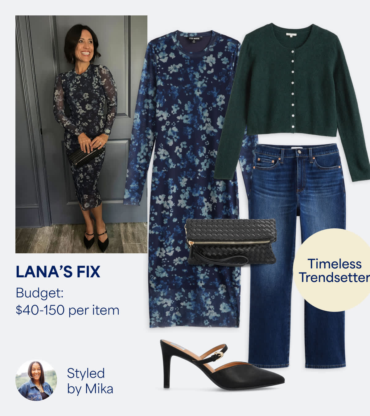 Stitch Fix women’s outfit styled by Mika for Lana’s Fix. Budget: $40–150 per item. A polished fall look with a navy floral dress, forest green cropped cardigan, dark-wash jeans, black pointed heels, and a woven clutch. Text Stylefile bubble reads “Timeless Trendsetter.” Photo shows Lana smiling in her Stitch Fix look.
