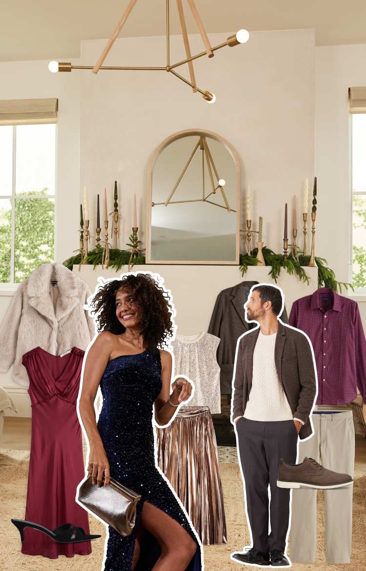 Stitch Fix hero desktop layout showcasing polished holiday looks for men and women. A woman in a navy sequin gown and another in a red top smile in a warmly lit living room. Surrounding them are coordinating Stitch Fix outfits including cream sweaters, pleated satin skirts, plaid shirts, knit layers, tailored pants, and loafers. On the right, two men wear textured cardigans, patterned shirts, and smart trousers, styled for effortless holiday sophistication.