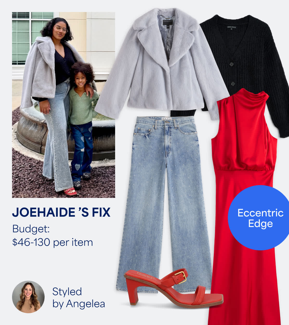 Stitch Fix women’s outfit styled by Angelea for Joehaide’s Fix. Budget: $46–130 per item. A bold mix of textures featuring a soft lavender faux-fur jacket, black knit cardigan, bright red satin dress, light-wash jeans, and red heels. Text Stylefile bubble reads “Eccentric Edge.” Photo shows Joehaide wearing the look with her child outdoors.